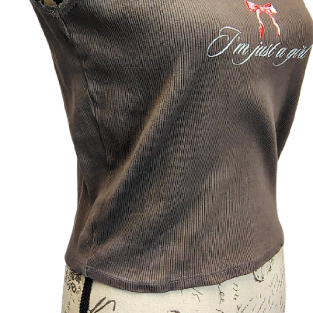 Womens Y2K Ribbed Lace Trim Graphic Tank Top "Im Just a Girl" XL Retro No Doubt - Picture 5 of 8